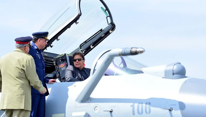 Prime Minister Imran Khan, COAS Gen Bajwa inspect J-10C aircraft during a ceremony at Kamra Air Base on Friday.